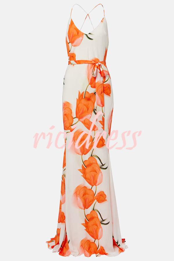Charming Tulip Print Backless Crisscross Straps Flare Scarf Maxi Dress