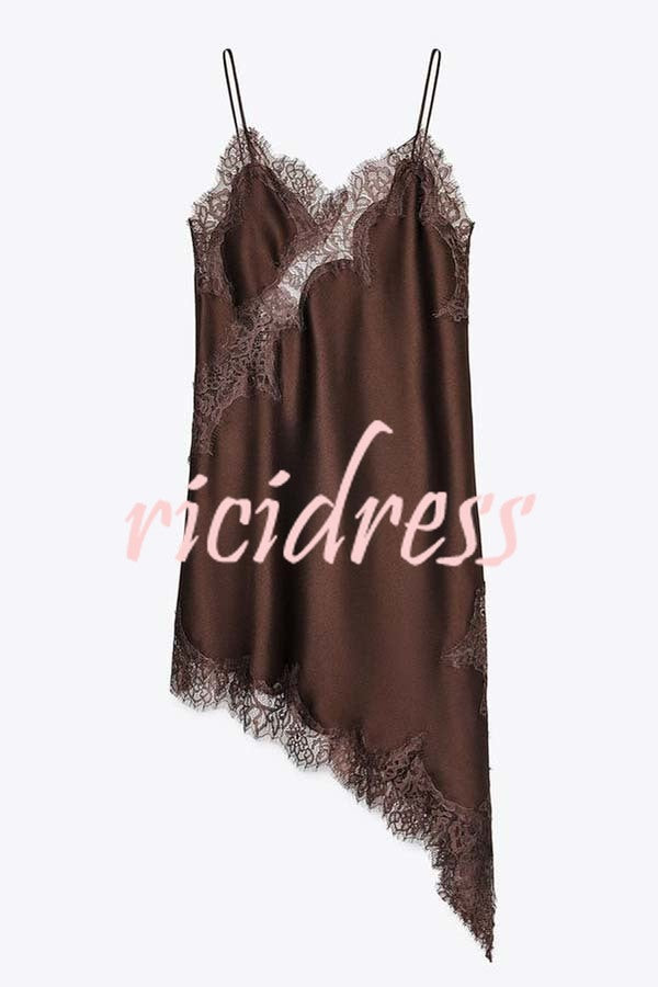 Elouise Satin Lace Trim V-neck Asymmetrical Hem Slip Mini Dress
