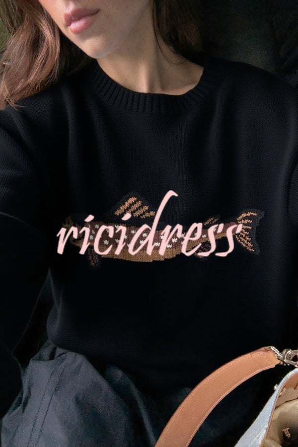 Fashionable Fish Pattern Round Neck Loose Knitted Sweater