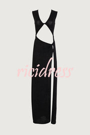 Beautiful Figure Shiny Knit Fabric Cutout Side Slit Stretch Vacation Maxi Dress