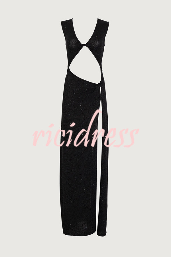 Beautiful Figure Shiny Knit Fabric Cutout Side Slit Stretch Vacation Maxi Dress