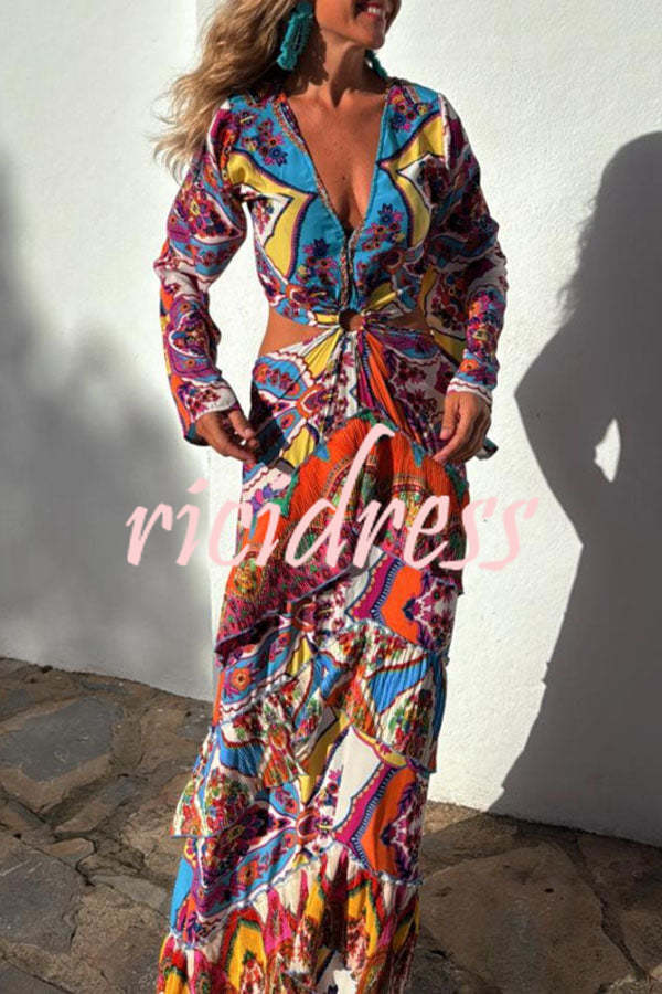 Colorful Day Unique Print Bell Sleeve Cutout Waist Layered Maxi Dress