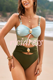 Fashionable Color-blocked Metal Button Stretch One-piece Swimsuit