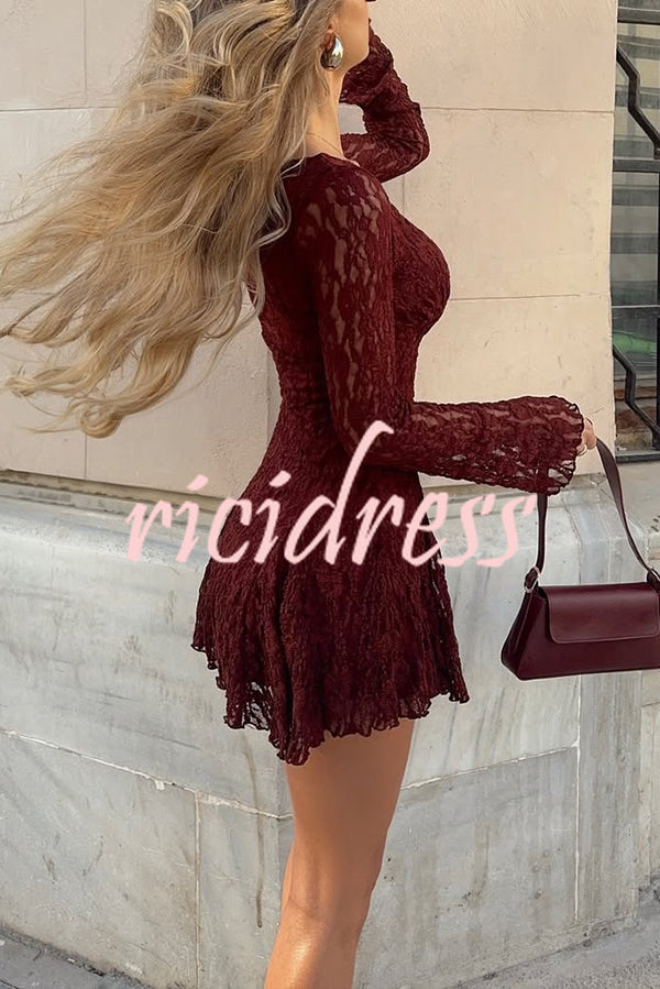 Fashionable Lace Long-sleeved V-neck Slim-fit Mini Dress