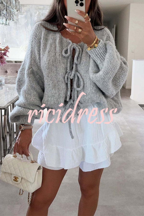 Solid Color Long-sleeved V-neck Lace-up Loose Knitted Sweater