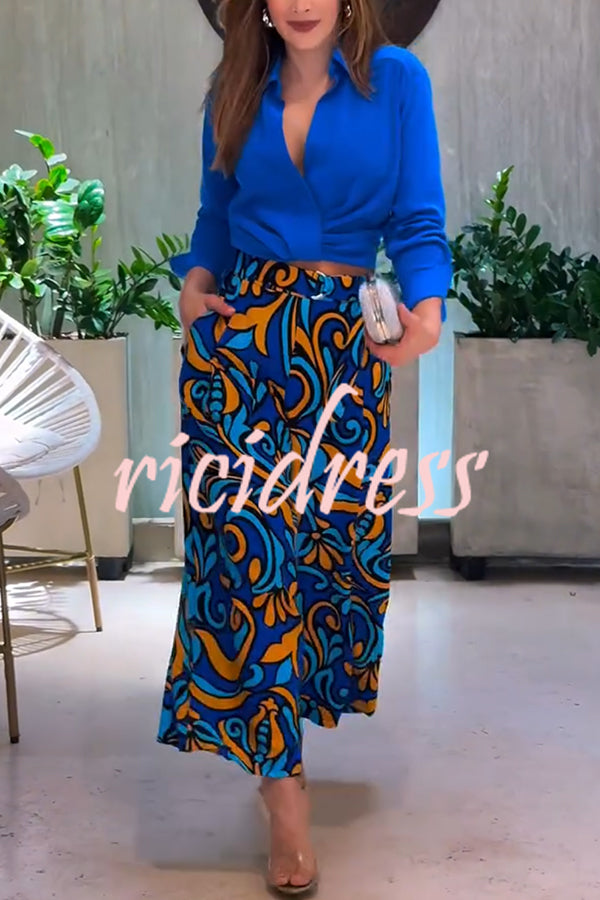 Ocean Heart Linen Blend Printed Ruched Hem Blouse and Belted High Rise Pocket Loose Pants Set