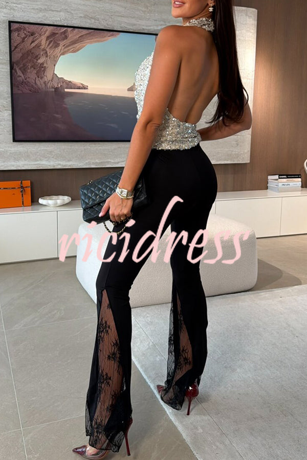 Dazzling Night Sequin Halter Cowl Neck Backless Tank