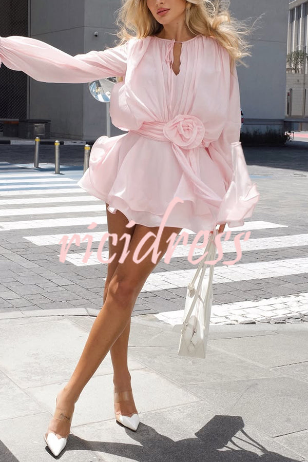 Solid Color Long Sleeve V-Neck Lace-Up Elegant Flower Decorated Mini Dress