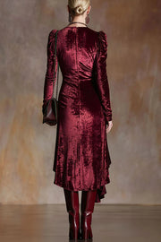 Elegant Velvet Long-sleeved Pleated Button Midi Dress
