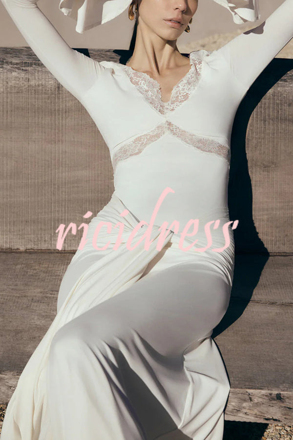 Fashion Lace Splicing Sexy V-neck Long-sleeved Slim Maxi Dress