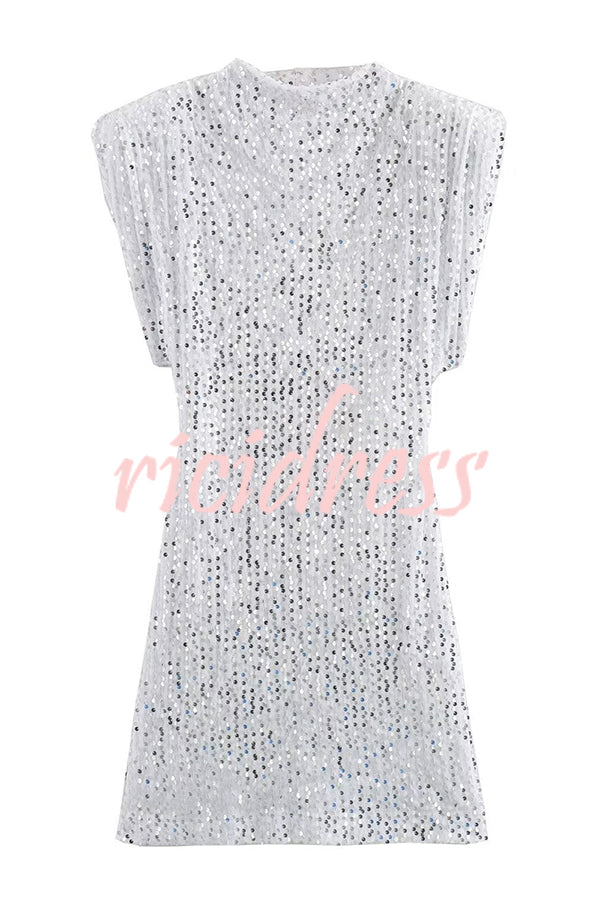 Fashionable Sequined Round Neck Sleeveless Slim-fit Mini Dress