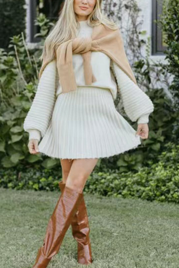 Solid Color Round Neck Puff Sleeve Loose Knit Sweater and Casual Striped Mini Skirt Set
