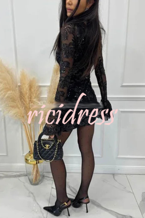 Deep and Dazzling Floral Texture Sequin Long Bell Sleeve Open Back Mini Dress