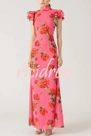 Cheongsam Style Rose Floral Print Tiered Flare Sleeve Stretch Maxi Dress