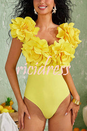 Solid Color 3D Flower Stretch One-piece Swimsuit