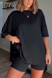 Solid Color Loose Short-sleeved Top and Stretch Casual Shorts Set