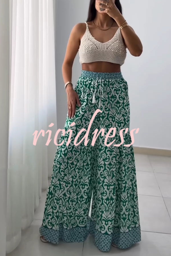 Unique Print Elastic High Waist Tie Pocket Wide Leg Pants