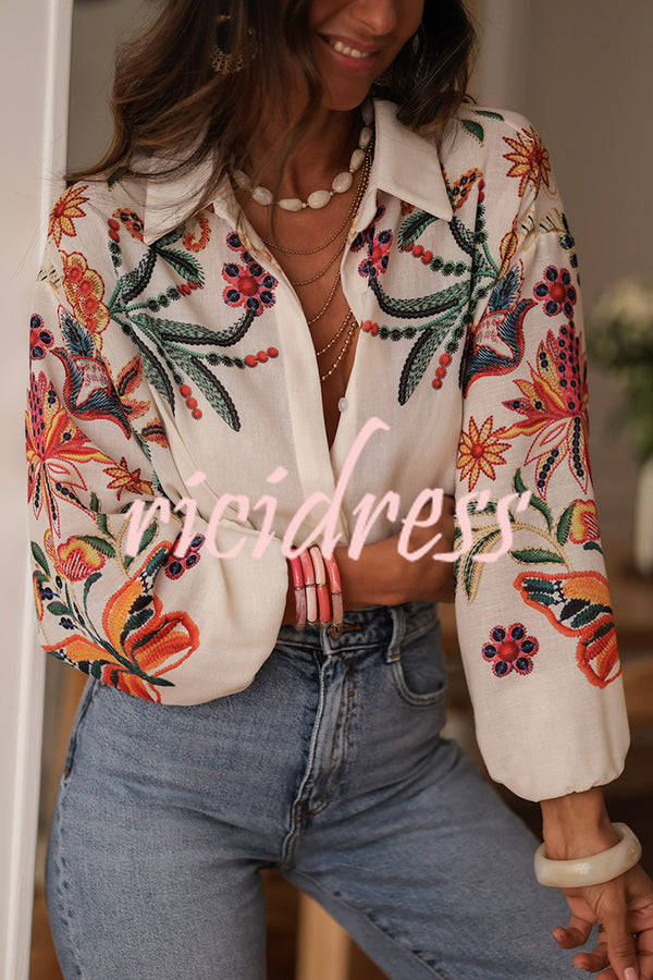 Botanical Print Loose Lapel Long Sleeve Casual Shirt