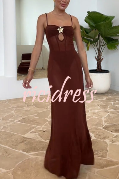 Espresso Sexy Mesh Floral Hardware Slip Stretch Maxi Dress