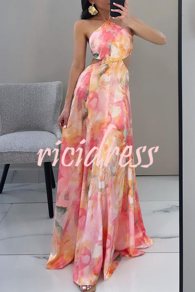 Korina Render Print Cutout Waist Halter Backless Maxi Dress