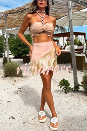 Solid Color Halter Neck Tassel Skirt Stretch Two-piece Bikini Swimsuit