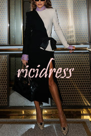 Love Unfolded Contrast Color Side Bow Tie-up Long Sleeve Slit Midi Dress