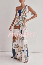 Matches The Vacation Unique Print One Shoulder Tie-up Pocketed Loose Maxi Dress