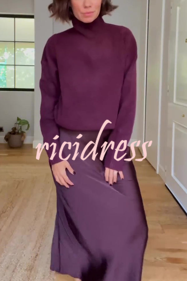 Jaelyn Solid Color Turtleneck Long Sleeve Sweater and Satin Elastic Waist Maxi Skirt Set