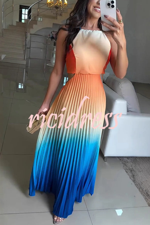 Fashionable Backless Tie Elegant Gradient Pleated Maxi Dress