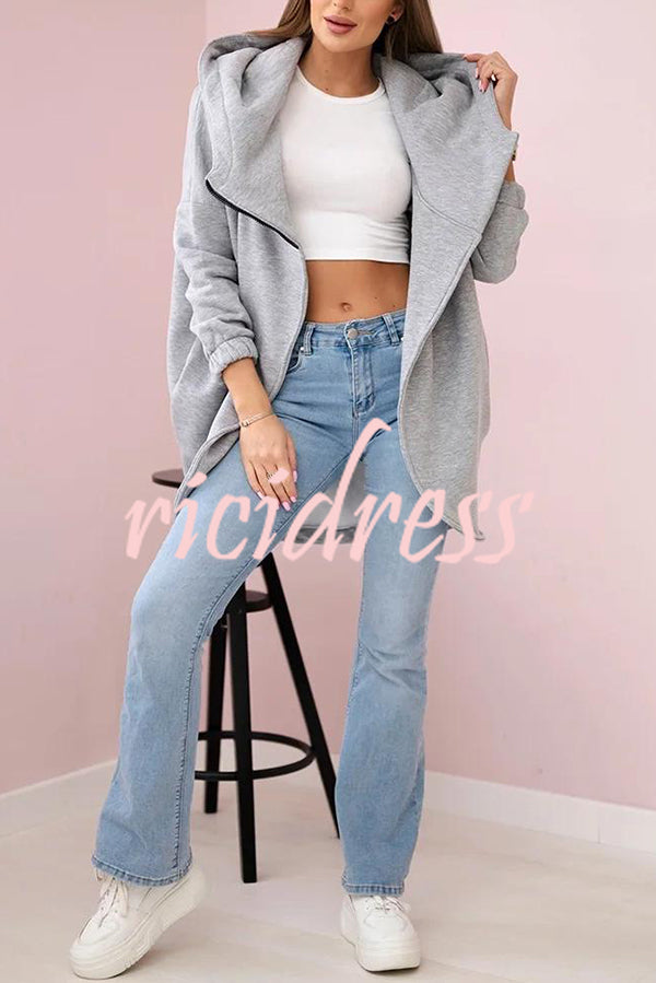 Solid Color Loose Hooded Zip-up Casual Sports Jacket
