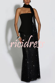 Oakley Corset Strapless Top and Sequin High Rise Maxi Skirt Scarf Set