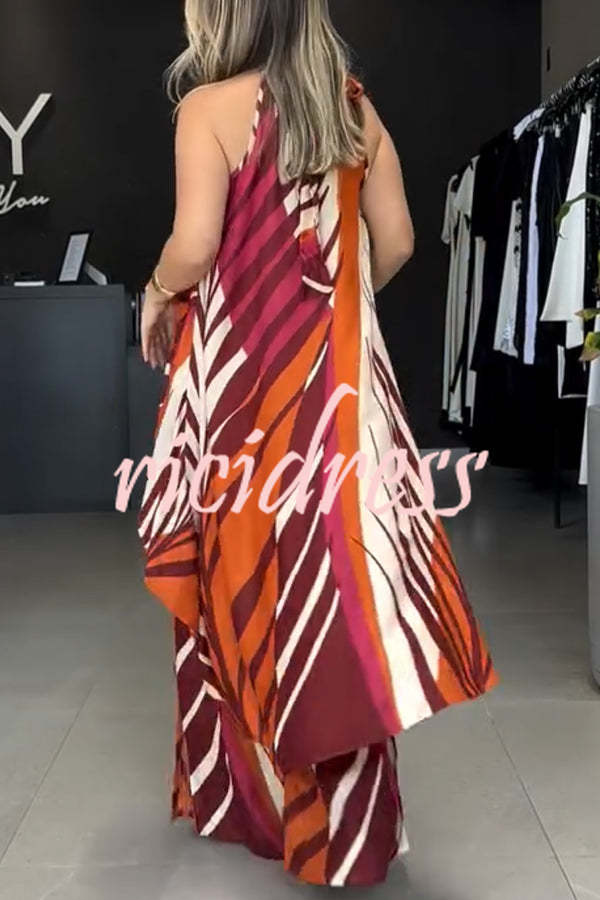 Edina Unique Print High Low Halter Loose Top and Elastic Waist Pocketed Wide Leg Pants Set