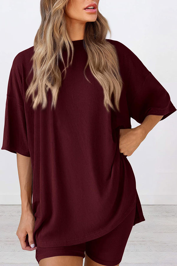 Solid Color Loose Short-sleeved Top and Stretch Casual Shorts Set