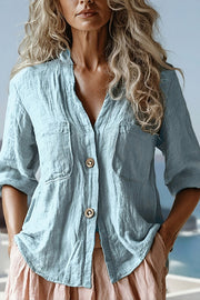 Linen Blend Loose Long-sleeved Button-pocket Casual Shirt