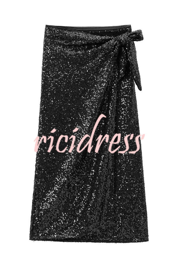 Crushing on You Sequin High Rise Wrap Tie-up Slit Midi Skirt