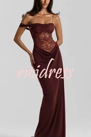 Sexy See-Through Lace Suspender Slim Slit Maxi Dress