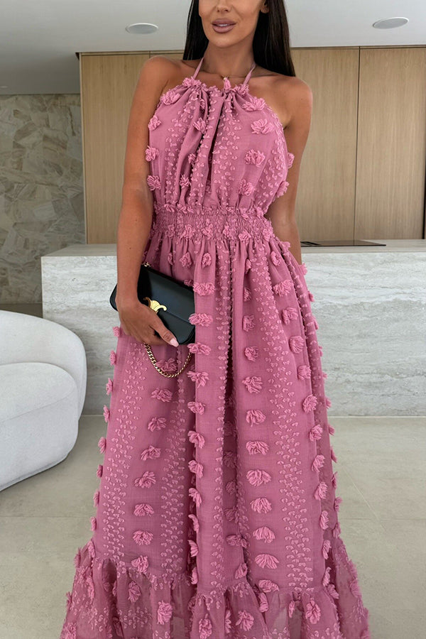 Gloria Embroidery Flowers Elastic Waist Halter Backless Slit Maxi Dress