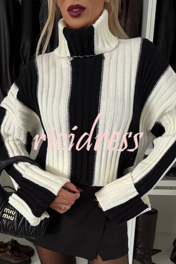 Comfort and Warmth Knit Color Block Long Sleeve Turtleneck Sweater