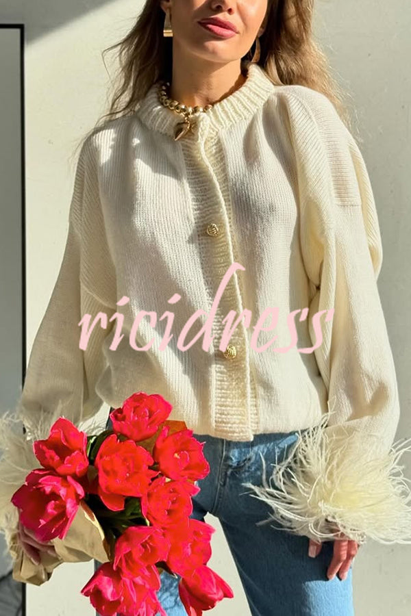 Solid Color Elegant Feather Long Sleeve Casual Knitted Cardigan