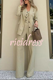 Solid Color Lapel Blazer + Slim Waistcoat and Pocket Wide-leg Pants Three-piece Set