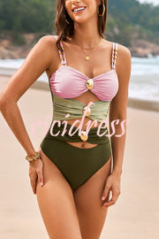 Fashionable Color-blocked Metal Button Stretch One-piece Swimsuit