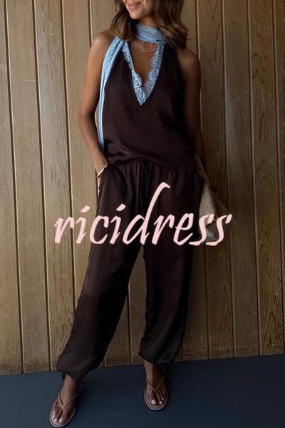 Sunday Social Satin Drawstring Elastic Waist Pocketed Loose Jogger Pants