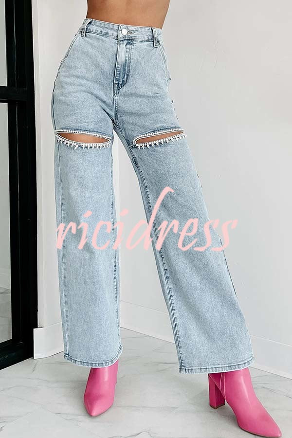 Blowing Your Mind Slit-Front Wide Leg Pocket Rhinestone Jeans