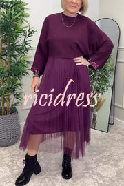 Fenna Ribbed Sequin Trim Batwing Sleeve Sweater and Pleated Tulle Stretch Tank Midi Dress Two-piece Set