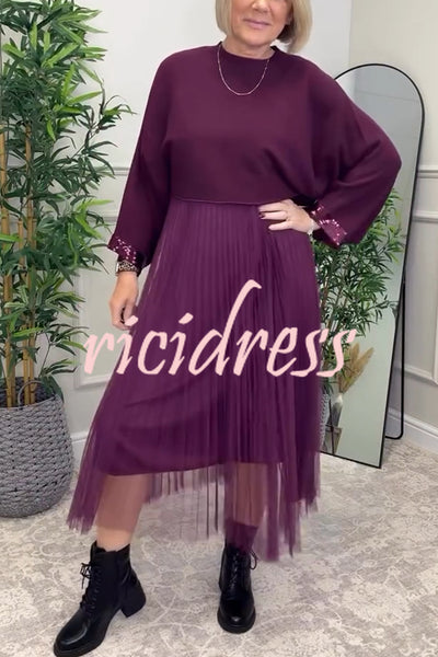 Fenna Ribbed Sequin Trim Batwing Sleeve Sweater and Pleated Tulle Stretch Tank Midi Dress Two-piece Set