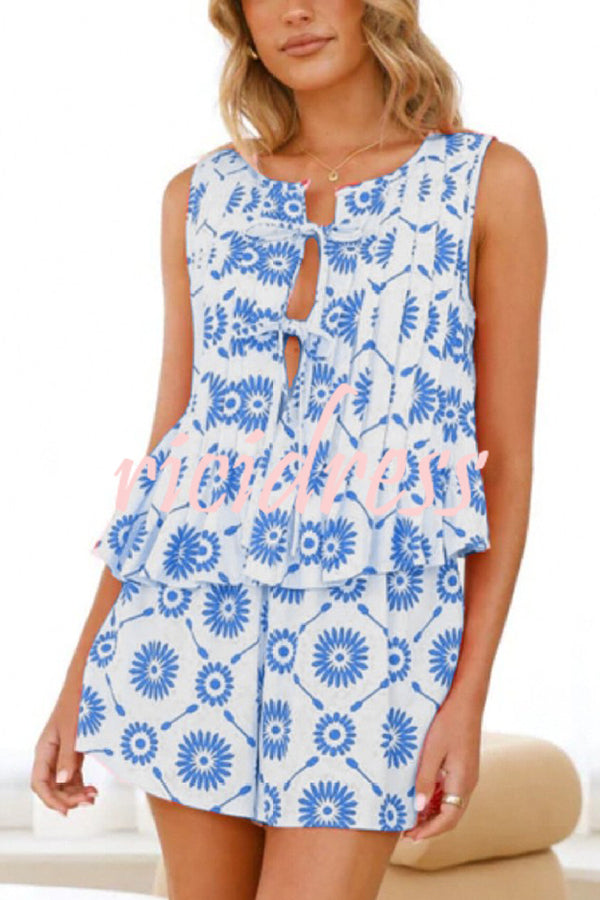 Unique Print Pleated Sleeveless Lace-Up Tank Top and Elastic Waist Loose Shorts Set