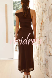 Solid Color Mesh Splicing Waist-baring Slim Maxi Dress