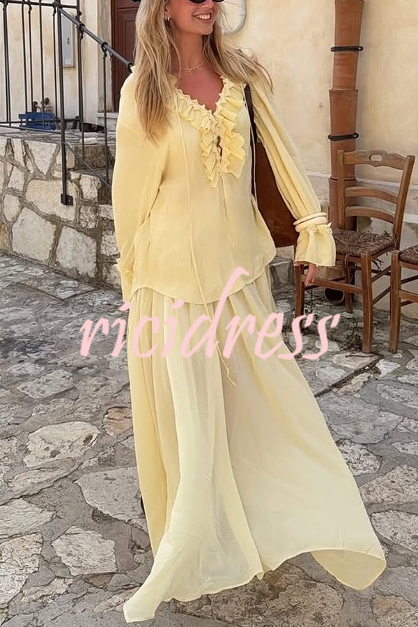 Solid Color Pleated Ruffled Tie Long Sleeve Loose Shirt
