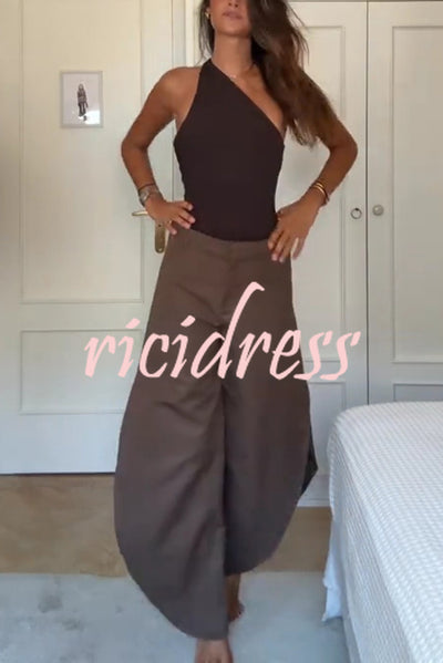 Fashion Slim-fit One-shoulder Stretch Bodysuit and Casual Side-slit Pants Set