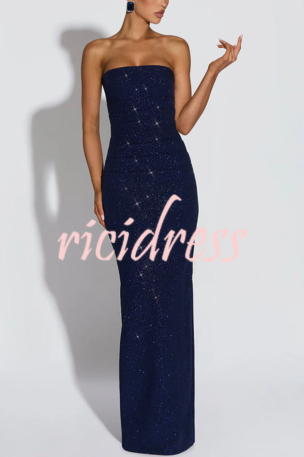 Pandra Glittery Crepe Fabric Off Shoulder Ruched Slit Cape Maxi Dress